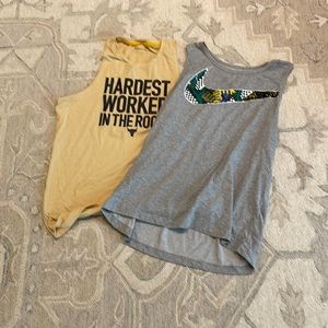 2 workout tank tops. Yellow and grey. Both in large. Cotton and polyester mix.